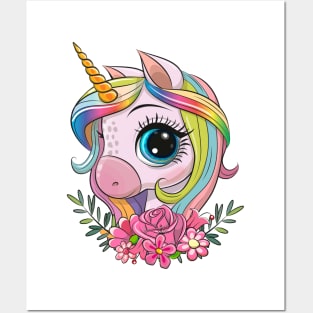 Cute Unicorn with flowers Posters and Art